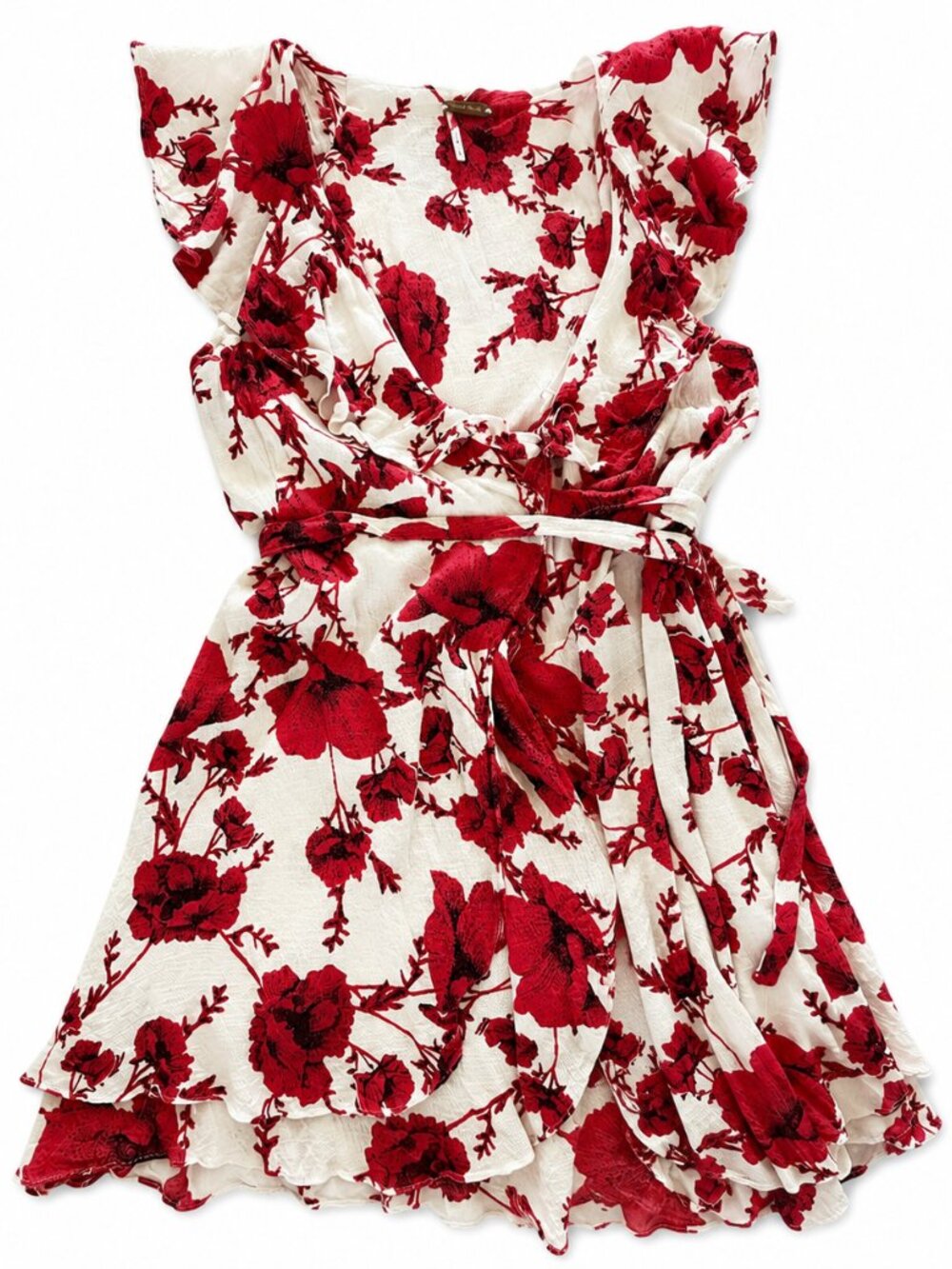 Free People Floral Wrap Mini Dress Medium White Pink Ruffle Boho - Picture 1 of 9